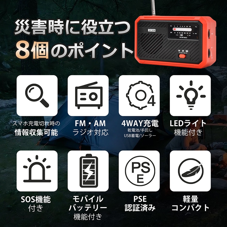 多機能防災ラジオ AM/FM対応 4WAY充電 LEDライト SOS機能 スマホ充電 モバイルバッテリー 乾電池 USB充電 手回し充電 ソーラー充電 防災グッズ 地震 台風 津波 火災 停電時 災害用 sg157 - 画像 (4)