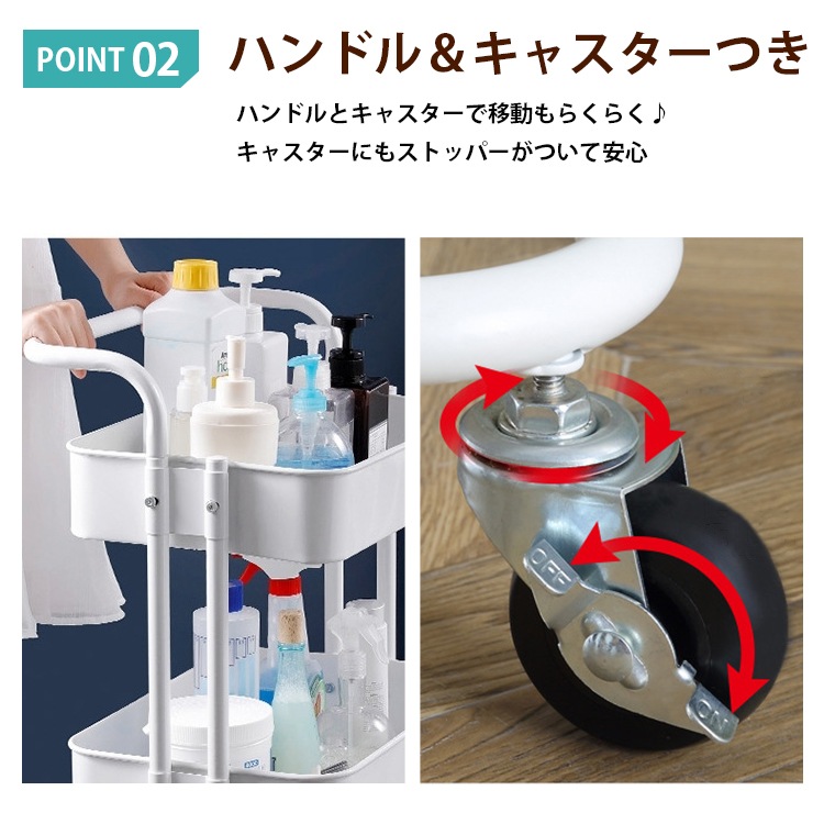 キッチンワゴン 収納ラック マルチワゴン キャスター 八ンドル付き ストツパー付き 組立自由 スチール製 耐荷重約60kg 小物収納 ガーデニング バスルーム キッチン インテリア ny098 - 画像 (3)