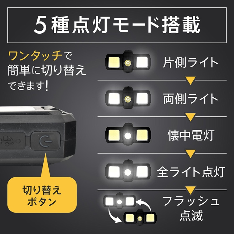 LED投光ライト 投光器 作業用ライト カラビナ付き USB充電 5つ点灯モード IPX5防水 超軽量 持ち運び便利 アウトドア キャンプ 点検作業 災害時 非常用 停電 sl101 - 画像 (4)